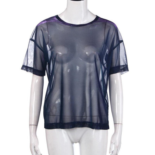 Novelty Fashion   Women Tee Shirt Hollow Out Transparent O Neck Short Sleeve T-shirt Camisetas Mujer Verano #63 GS