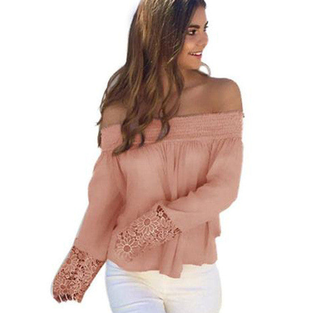 Off Shoulder Women Tops   Lace Sexy Fashion Women Shirts Loose Pink Blouses Female Women Clothes Camisas Femininas GS