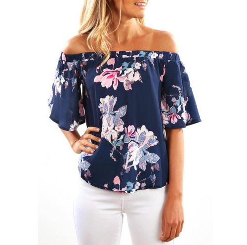 Off shoulder Floral Print Blouses Women   vintage Short Sleeve Causal blusas camisetas mujer #63 GS