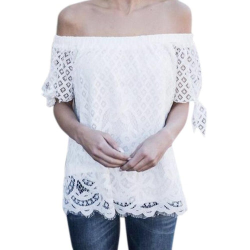 Off shoulder Tops Shirt Women Short sleeve blouses women   White Hollow Out Chemise femme casual blusas mujer #63 GS