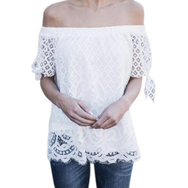 Off shoulder Tops Shirt Women Short sleeve blouses women   White Hollow Out Chemise femme casual blusas mujer #63 GS