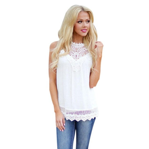 Plus Size S-4XL Fashion Women Sleeveless Shirts Blouse  Style White Lace Splice Casual Loose Tops Ladies blusas mujer #43 GS