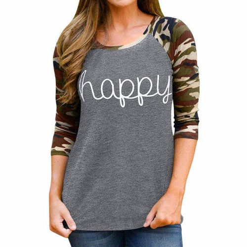 Plus Size T-shirt Women Camouflage Patchwork Long Sleeve Happy Letters Print Ladies Tops Tee Shirt Poleras De Mujer GS