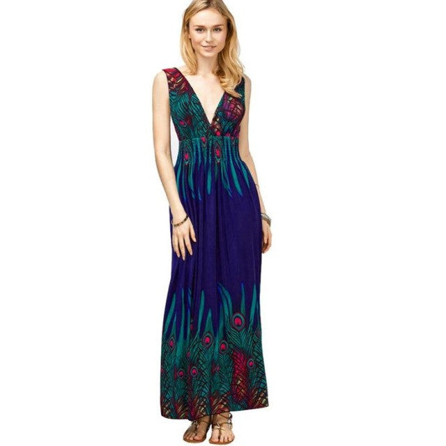 Print Long Beach Dresses Deep V Neck Sexy Women Dresses Elegant Boho  Womens A Line Maxi Dress vestidos mujer  #23 GS