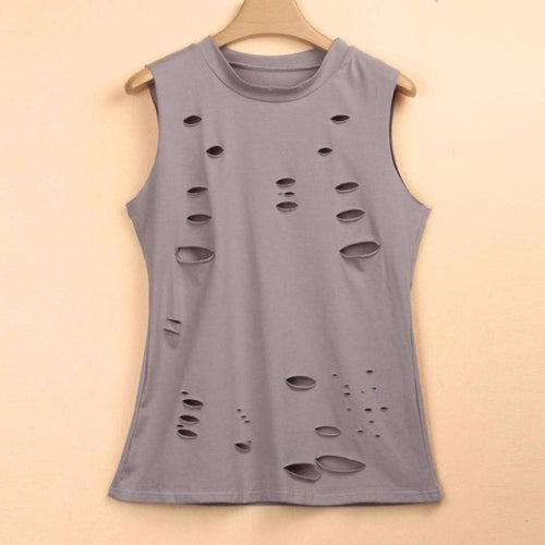 Punk Style Hole Fashion Sleeveless T-shirt For Womens Casual O Neck T Shirts Loose Tee Tops Women camisetas mujer verano #419 GS