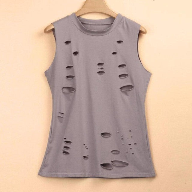 Punk Style Hole Fashion Sleeveless T-shirt For Womens Casual O Neck T Shirts Loose Tee Tops Women camisetas mujer verano #419 GS