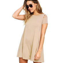 Robe Femme Ete  Women  Loose Solid Mini Dress Hollow Out Short Sleeve Casual T Shirt Dress Women Black/Red/Khaki #63 GS