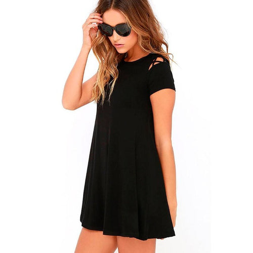 Robe Femme Ete  Women  Loose Solid Mini Dress Hollow Out Short Sleeve Casual T Shirt Dress Women Black/Red/Khaki #63 GS