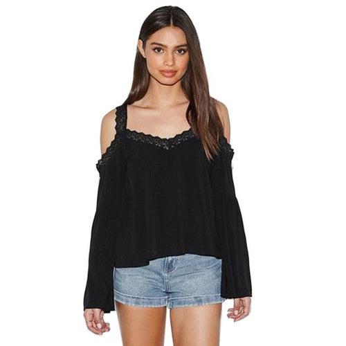 Ropa Mujer  Women  Fashion Chiffon Lace Womens Blouse Lace Loose Casual Off Shoulder Women Clothes camisetas mujer #15 GS