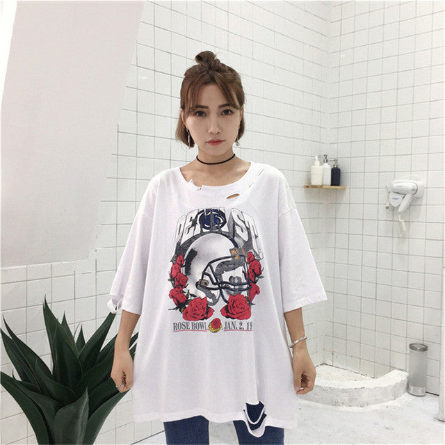 Rose Floral Print Hole T-shirts New  Harajuku Women Summer T Shirt Female Half Sleeve t shirts Plus Size Tops 72669 GS