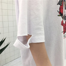 Rose Floral Print Hole T-shirts New  Harajuku Women Summer T Shirt Female Half Sleeve t shirts Plus Size Tops 72669 GS