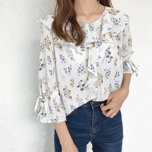 Ruffle Design Shirt  Spring Summer Flower Printed shirts Short Flare Sleeves Chiffon Shirts Women's Clothing 33029 GS