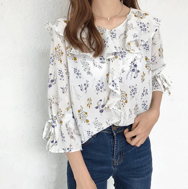 Ruffle Design Shirt  Spring Summer Flower Printed shirts Short Flare Sleeves Chiffon Shirts Women's Clothing 33029 GS