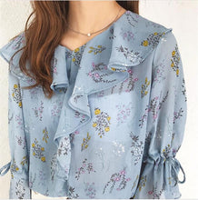Ruffle Design Shirt  Spring Summer Flower Printed shirts Short Flare Sleeves Chiffon Shirts Women's Clothing 33029 GS