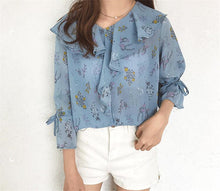 Ruffle Design Shirt  Spring Summer Flower Printed shirts Short Flare Sleeves Chiffon Shirts Women's Clothing 33029 GS