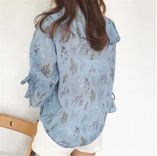 Ruffle Design Shirt  Spring Summer Flower Printed shirts Short Flare Sleeves Chiffon Shirts Women's Clothing 33029 GS