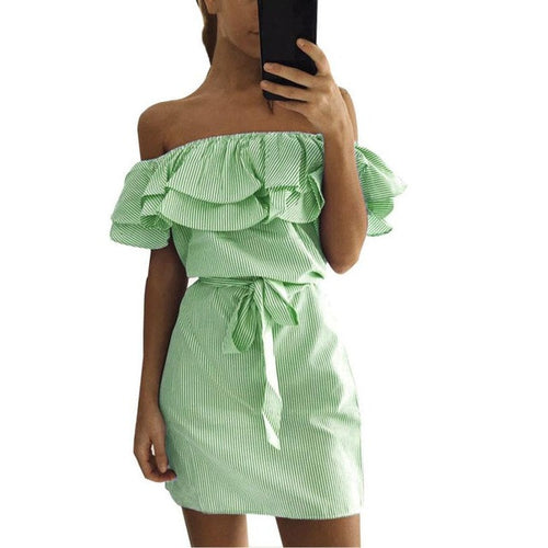 Ruffled Slash Neck Cute Dresses Women vestidos mujer   Women Striped Off The Shoulder Mini Women Dress With Belt #63 GS