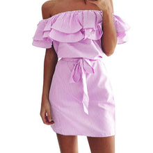 Ruffled Slash Neck Cute Dresses Women vestidos mujer   Women Striped Off The Shoulder Mini Women Dress With Belt #63 GS