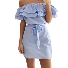 Ruffled Slash Neck Cute Dresses Women vestidos mujer   Women Striped Off The Shoulder Mini Women Dress With Belt #63 GS