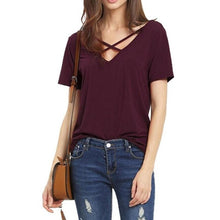 S-3XL Plus Size Women's   Cross Front Tee Tops V-Neck Casual Women Tee Shirt Short Sleeve Solid T Shirt Female #63 GS