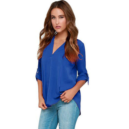 S-XXXL Plus Szie Women Chiffon Tops V-Neck Long Sleeve   Womens Blouses Solid Loose Office Shirts Femme Clothes GS