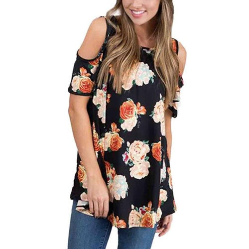 Off Shoulder Shirts Women Floral Pirnt O Neck Short Sleeve Shirts Print Casual Womens Blouses camisas mujer  #63 GS
