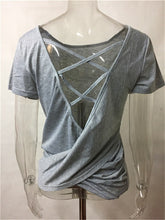 Sexy Back Bandage t-shirt  New Fashion Women T shirts Plus Size Brief Grey t shirt Short Sleeve Lace Up Tops Tee 72697 GS