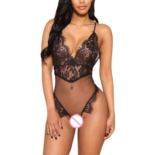 Sexy Backless Bodysuits Women  Sleeveless Lace Mesh Patchwork Deep V Neck Ladies Bodysuits Slim Black Overalls Female #43 GS