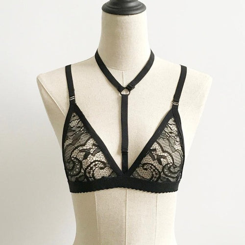 Sexy Black White Bustier Bra Fashion Lace Floral Unpaded Bustier Sheer Bralette Halter Neck Crop Top Women   #23 GS