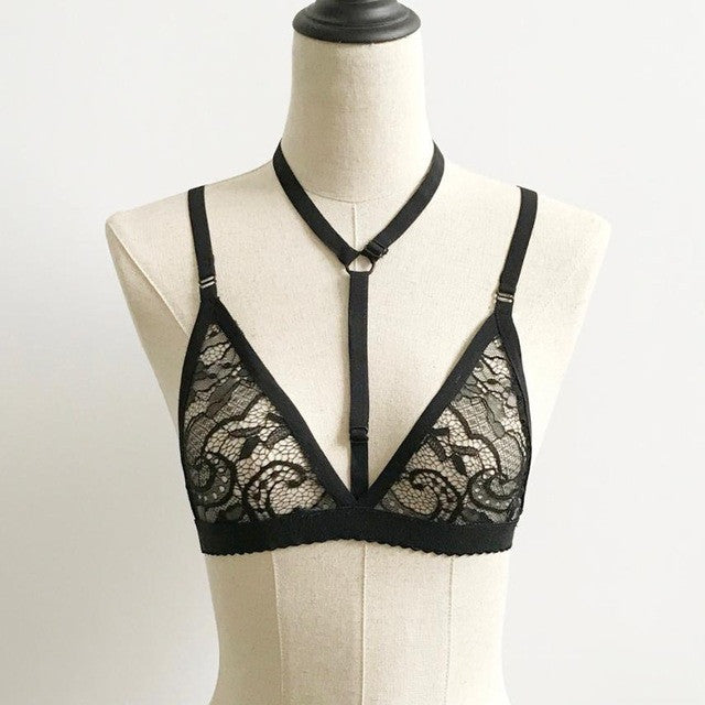 Sexy Black White Bustier Bra Fashion Lace Floral Unpaded Bustier Sheer Bralette Halter Neck Crop Top Women   #23 GS
