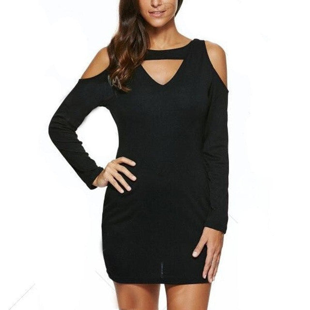 Sexy Club Wear Dress Women Backless Skull Hollow Out V-Neck Black  Long-sleeved Womens Dresses vestidos mujer  GS