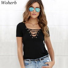 Sexy Deep V Neck Bandage t-shirt  New Fashion Women T shirts Plus Size Short Sleeve Lace Up Tops Tee 72681 GS