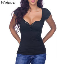 Sexy Deep V Neck Button Solid t-shirt  New Fashion Woman T shirts Plus Size Short Sleeve Tops Tee 72686 GS