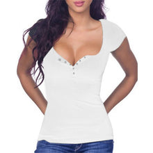 Sexy Deep V Neck Button Solid t-shirt  New Fashion Woman T shirts Plus Size Short Sleeve Tops Tee 72686 GS