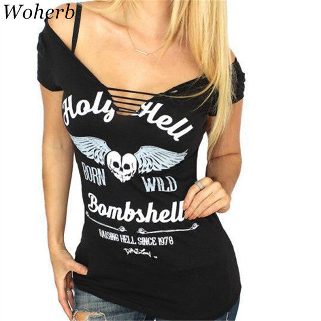 Sexy Deep V Neck t-shirt  New Fashion Women Letter Angel Wings Print T shirts Plus Size Short Sleeve Back Bandage Tops Tee GS