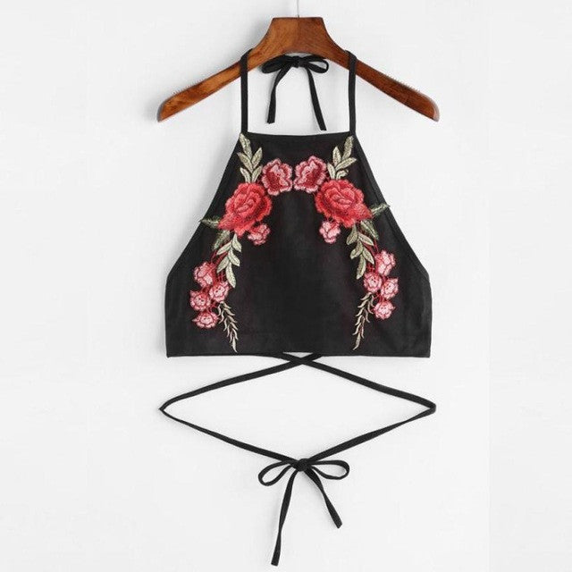 Sexy Halter Neck Bandage Crop Tops Women Flower Embroidery Backless Fashion Tank Top  Short Camisole #23 GS