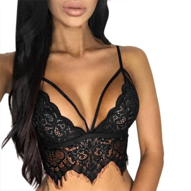 Sexy Hot Lace bralette Strappy Crop Top Hollow Out Cross Cut Out Unpaded Black Tank Tops Bustier Backless Cropped Female #23 GS