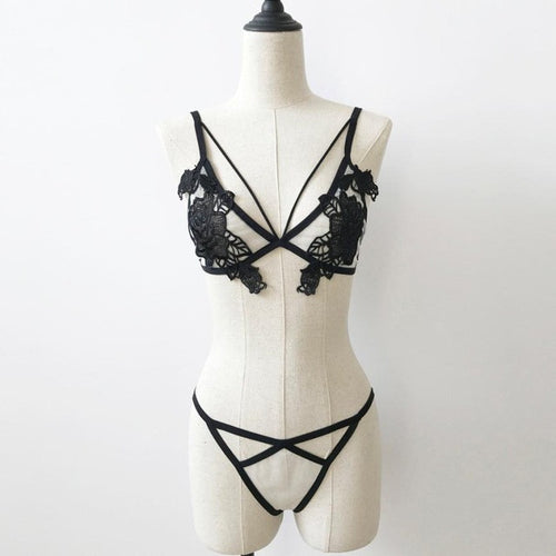 Sexy Lace Floral Hollow Out Bra Crop Top   Women Cropped Bustier Bustier Vest Unpadded Bralette Bra +G-string Set #23 GS