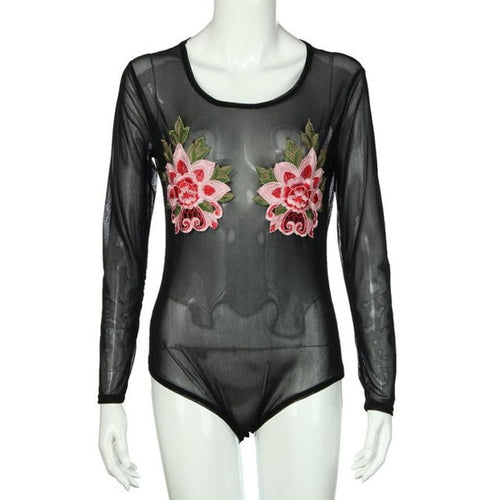 Sexy Long Sleeve Mesh Bodysuit Romper Women  Embroidery Floral Bodycon Jumpsuit Overalls Ladies  One Piece Suit #23 GS