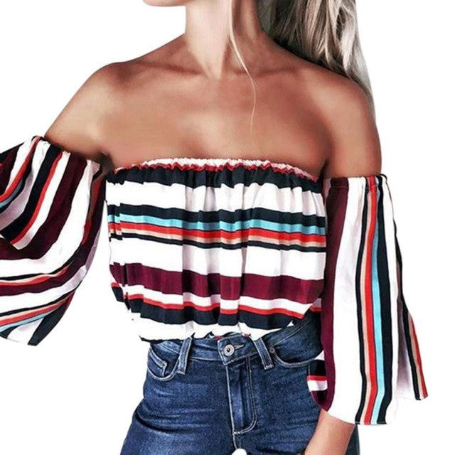 Sexy Off Shoulder  Shirts Women Stripe Long Sleeve Slash Neck Womens Blouses Fashion Tops Women Clothing  #63 GS