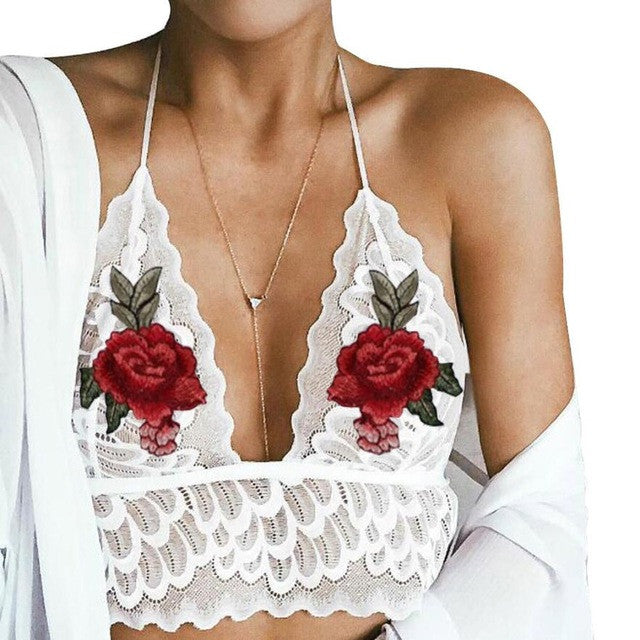 Sexy Short Tank Tops Women Hollow Lace Translucent Embroidery Floral Strap Baic Bra Crop Top Bustier Camis Female  #23 GS