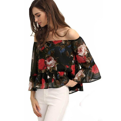 Sexy Women Floral Print Chiffon Blouses Half Sleeve Fashion Off The Shoulder Blouse Women Shirts Tops  Women Clothing GS