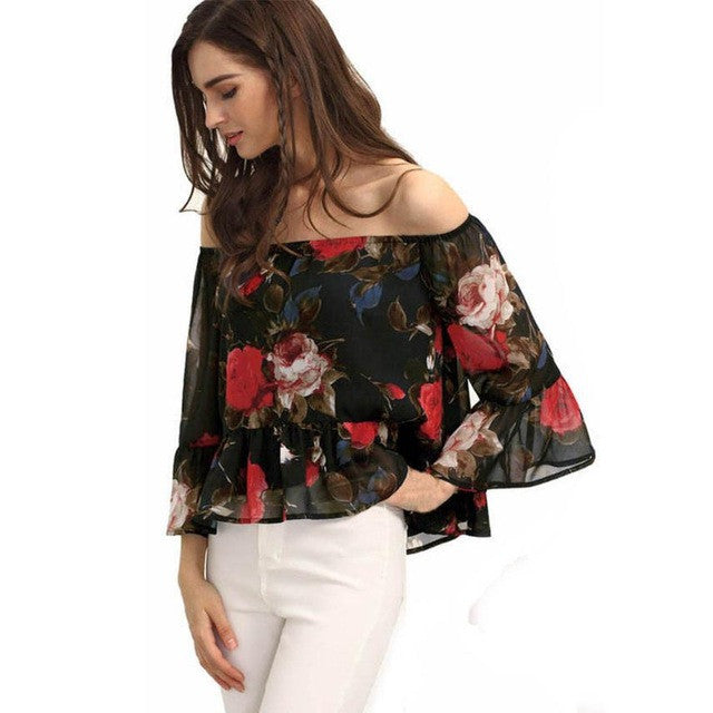 Sexy Women Floral Print Chiffon Blouses Half Sleeve Fashion Off The Shoulder Blouse Women Shirts Tops  Women Clothing GS