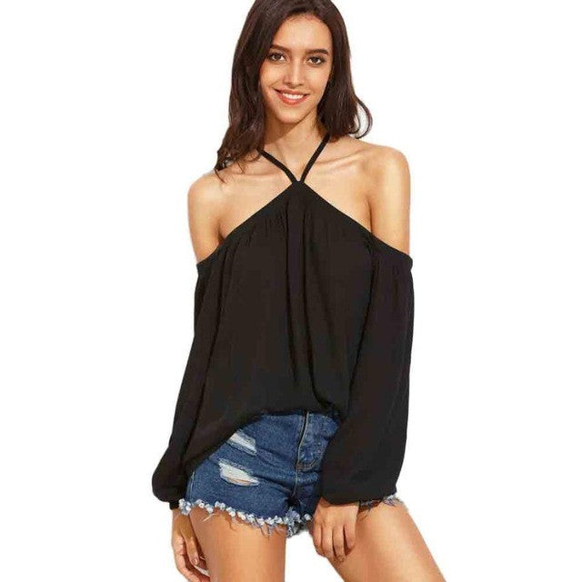Sexy Women New Arrivals  Off Shoulder Long Sleeve Halter Neck Sling Casual Loose Tops camisetas mujer blouses womens #63 GS