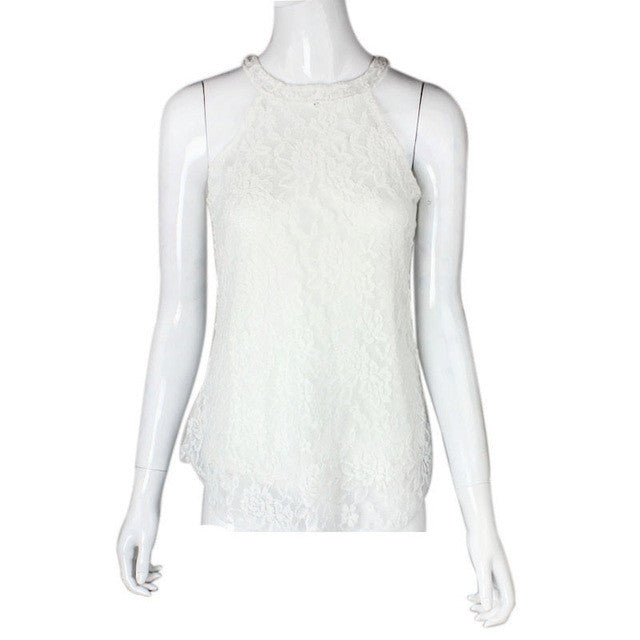 Sexy Women   Lace Patchwork Blouses Womens Casual Sleeveless Shirt Halter Neck Loose Women Tops camisetas mujer #03 GS