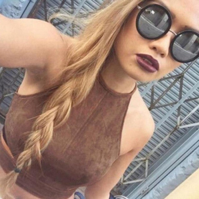 Sexy Women crop tops Femininas Tank Top Brown O-Neck Camisole Casual Vest Sleeveless Backless tank top women GS