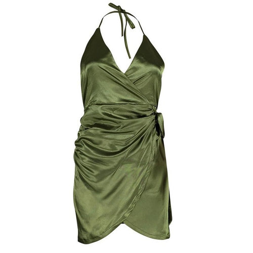 Sexy dresses  evening party Womens Satin Strappy Sexy Dress Asymmetric V Neck Backless Sleeveless Mini Dress Green Pink #23 GS