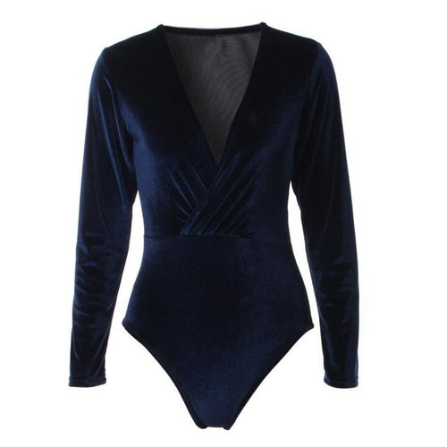 Shiny Velvet bodysuit Womens Sexy V-Neck Long Sleeve Deep V Neck    Ladies Rompers combinaison femme &23 GS