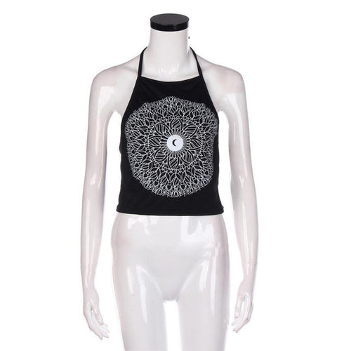 Short Crop Top   Women Sexy Floral Print Sleeveless Halterneck Tank Crop Tops Vest Camisole Femme Black White #63 GS