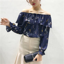 Slash Neck Floral Blouse Shirts for Women Summer  Butterfly Sleeves Chiffon Shirts Female Strapless Chic Tops 33056 GS